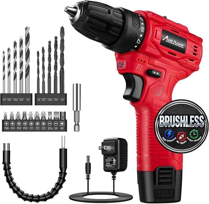 AVID POWER Brushless Power Drill Set, 2-Speed Control, 3/8-Inch Keyless Chuck & 25+1 Position, 12V Electric Drill Cordless Driver Kit with 2000mAh Battery, Charger and 22pcs Accessories