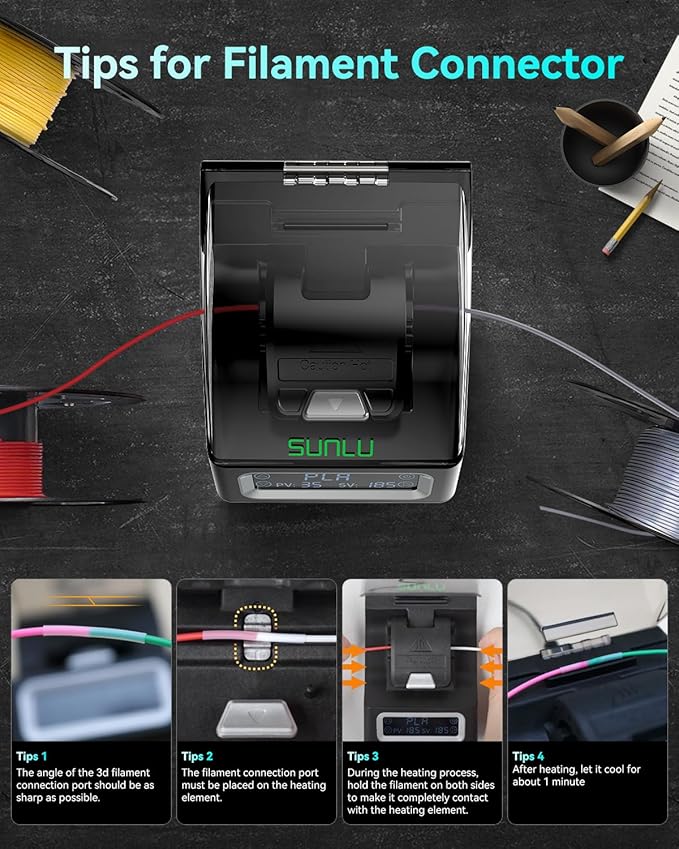 SUNLU Official Filament Connector, Fast Heating Filament Splicer for 3D Printer Filament 1.75mm, Up to 240°C, Compatible with PLA PETG TPU ABS PA Nylon, Easy to Use, Pack with 200PCS PTFE Sleeve