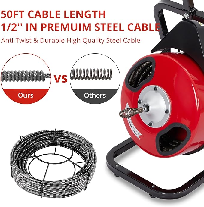 50 FT x 1/2 Inch Drain Cleaning Machine, 250W Powered Sewer Snake Auger with Auto Feed, 4 Replaceable Cutters & Pneumatic Foot Switch, Semi-Enclosed Drum Design, Ideal for 2"–4" Clogged Pipes