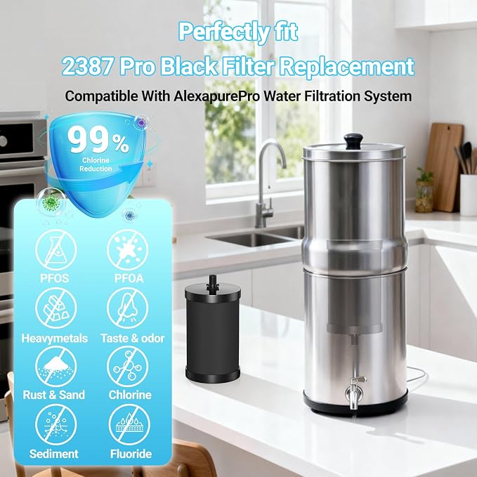 Alexapure 2387 Pro Water Filter Replacement, 3-Stage Filtration Reduces Chlorine & Sediment, Up to 5000 Gallons Long Lasting, Fits Pure Well Water Filter System, Upgraded Version, Black (4 Pack)