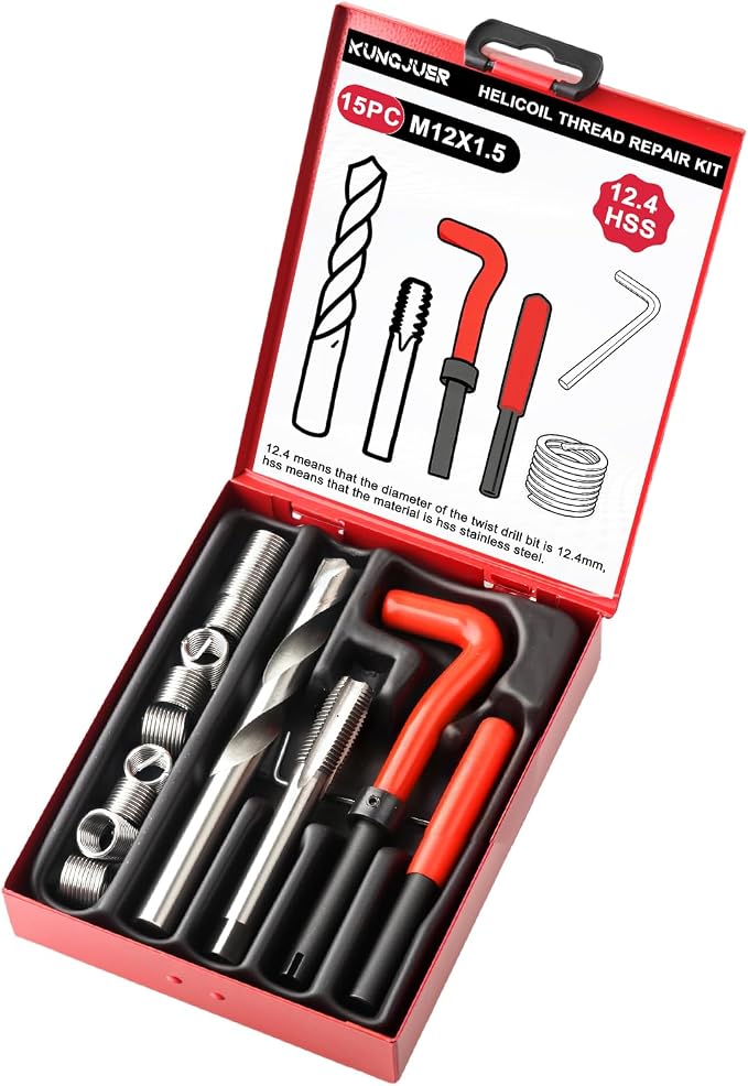 Helicoil Metric Thread Repair Insert Kit，M12x1.5mm Rethreading | Thread Repair kit with HSS Drill Bits, Rethreading Inserts Tool Set for Damaged Thread Repairing with Carry Case