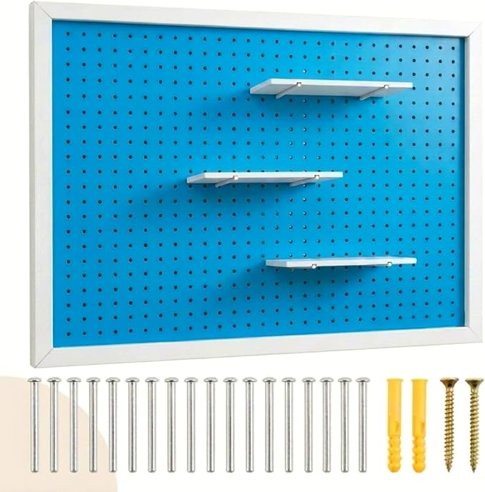 Weysat 36 x 24 Inch Framed Wood Pegboard Wall Organizer, Large Blue Decorative Peg Board Kit with 3 White Shelves and 18 Accessories, Wall Mounted Craft Storage Display for Room, Office, Sewing Room
