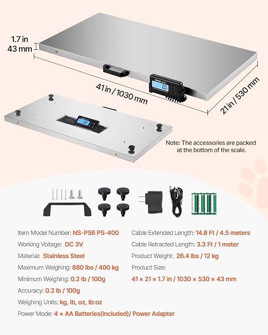 VEVOR 880Lbs x 0.2Lbs Livestock Scale Shipping Scales Large Platform 40.6x20.9Inch Stainless Steel Vet Scale Industrial Floor Scale Large Animal Dog Pig Scale Goat Weight Scale Pet Digital Scale