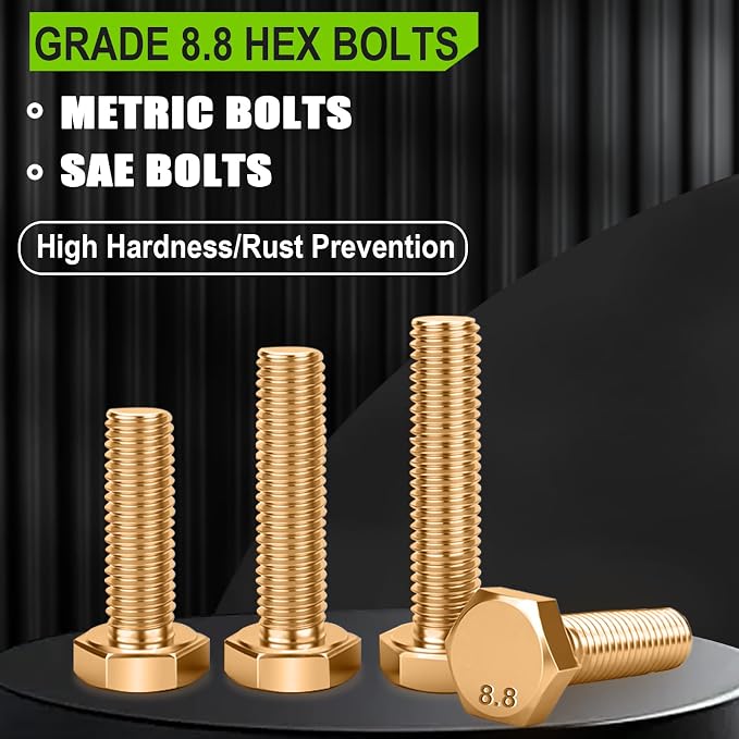 Twidec/680PCS Metric＆SAE Bolt Assortment,Grade 8.8 Hex Head Bolts and Nuts Assortment Kit, M4 M5 M6 M8 1/4-20 5/16-18 3/8-16 Heavy Duty Nuts and Bolts Kit Gold Zinc Plating With Storage Case