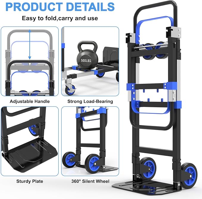 3-in-1 Folding Hand Trucks, 500lbs Convertible Dolly, Dolly Cart with Wheels Heavy Duty, Moving Cart with Retractable Handle, Collapsible Trolley for Moving Office/Home/Warehouse/Boxes/Cartons (Blue)