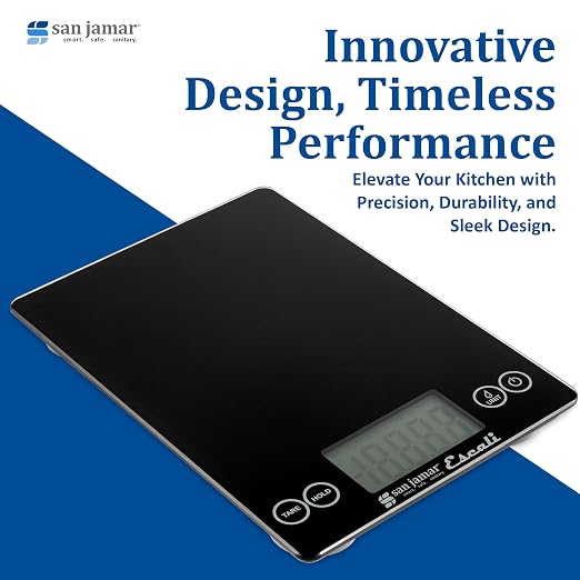 San Jamar Escali Glass Food Scale – SCDG15BK Digital Kitchen Scale for Restaurants, Catering, Meal Prep, Touchscreen Display, Battery Operated, Low Profile, 0.1oz, 15lb Capacity