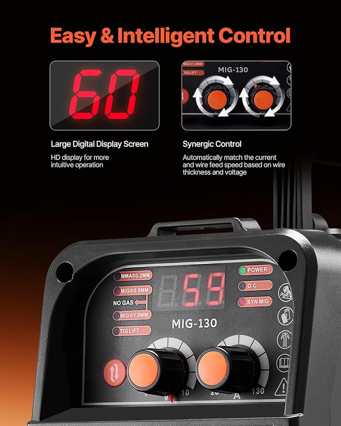 VEVOR MIG Welder, 130Amp Synergic Mig Welding Machine, 3-in-1 Flux Core MIG/Stick/Lift TIG Multi-Process Welder Machine, 110V Portable Mig Welder with IGBT Inverter Technology & Digital Display Screen