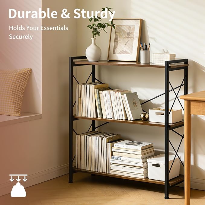 COSYSUPER 3 Tier Storage Shelf, Small Industrial Shelving Unit with Metal Frame & Wood Shelves, Sturdy 3 Shelf Organizer for Bedroom, Living Room, Entryway, Easy Assembly