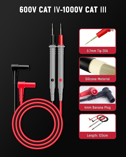 KAIWEETS HT208F Inrush Digital Clamp Meter 1000A and KAIWEETS KET01 Silicone Multimeter Test Leads with Gold-Plated Probes, 48 inch Long
