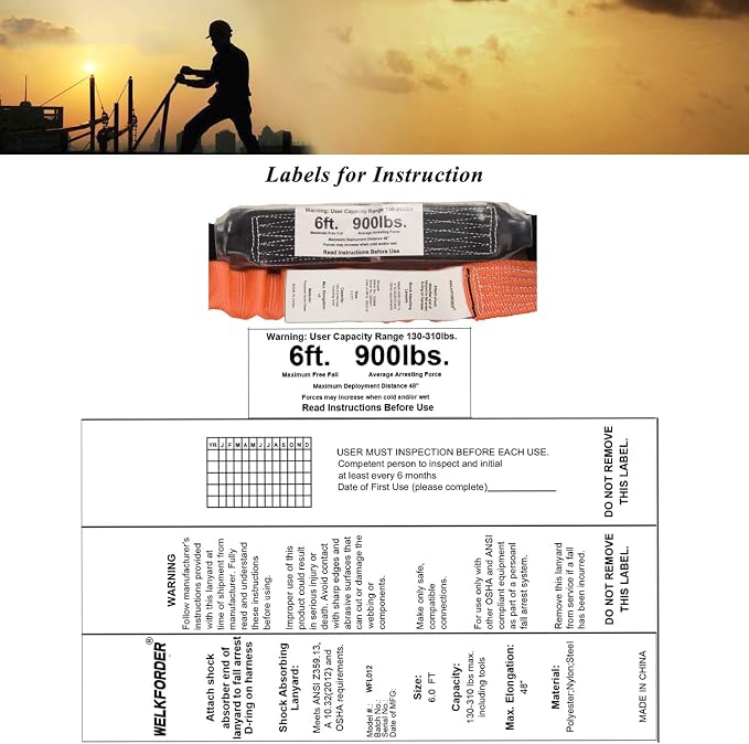 Double Leg 6-Foot Safety Lanyard for Consturction Shock Absorber Stretchable Lanyard with Snap & Rebar Hook Connectors ANSI Z359.13-2013 Complaint