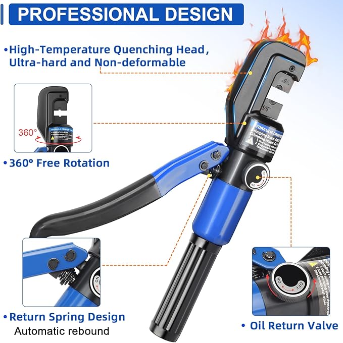 10 Ton Hydraulic Crimper, YQK‑70 Crimping Tool, 12–2/0 AWG, 1/8" 3/16" Dies for Stainless Steel Cable Railing, Battery Cable Terminal Lug Crimping Pliers