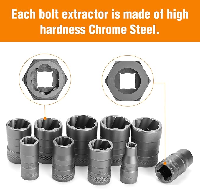 Eapele Bolt Extractor Set, Stripped Nut Remover Twist Sockets, Fit 3/8" Square Drive with Solid Storage Case (32pcs, Black)
