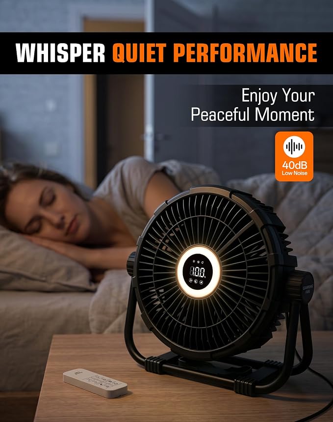 10" Plug-in Portable Camping Fan, Floor Fan with Stepless Speed, LED Light, Remote Control, 270° Rotation & 1-12h Timer for Indoor Bedroom Office & Outdoor Camping, Tent, RV