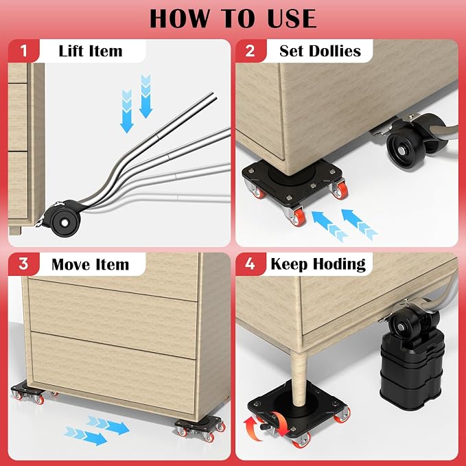 Furniture Movers with Parking Lock, 5-Wheel & Locking Dollies Set with Furniture Lifter and Base, 360° Swivel Casters, Non-Slip Pads, Up to 2000 lbs Load Capacity