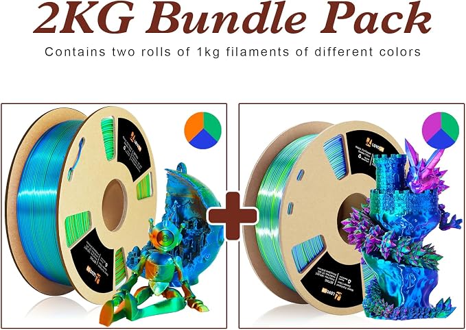 LOVOON Silk PLA 3D Printer Filament Bundle 2 KG, PLA Filament 1.75mm, Shiny Silk Tri Color Blue/Green/Red and Orange/Green/Blue, Color Change by Angle 3D Printer PLA Filaments, 1KG X 2 Spools