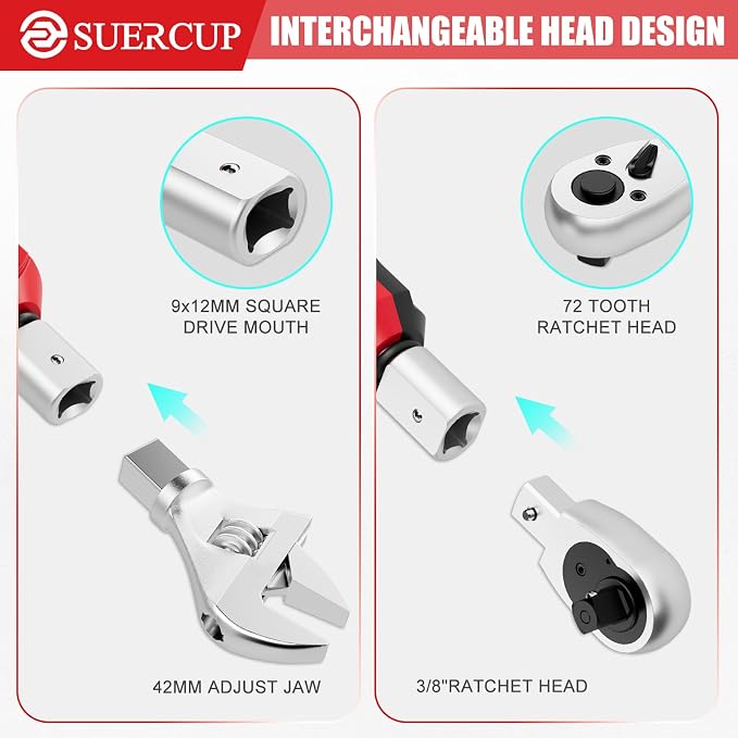 SUERCUP 9x12 mm Adjustable Digital Torque Wrench, 0.66-44.29Ft.Lb/0.9-60N.m | Interchangeable Open End Head 42mm Jaw & 3/8" Ratchet, Vibration/Buzzer/LED Alert, for Split AC, HVAC, Bike & Moto Repair