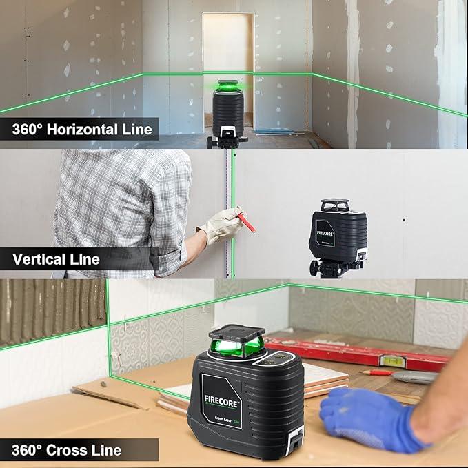 Firecore Laser Level 360 Self Leveling, 82 Ft Green 360° Cross Line Laser, 3 Brightness Adjustment, Pulse Mode, Magnetic Bracket, Carrying Pouch, for Picture Hanging Shelves Cabinets Home DIY Project