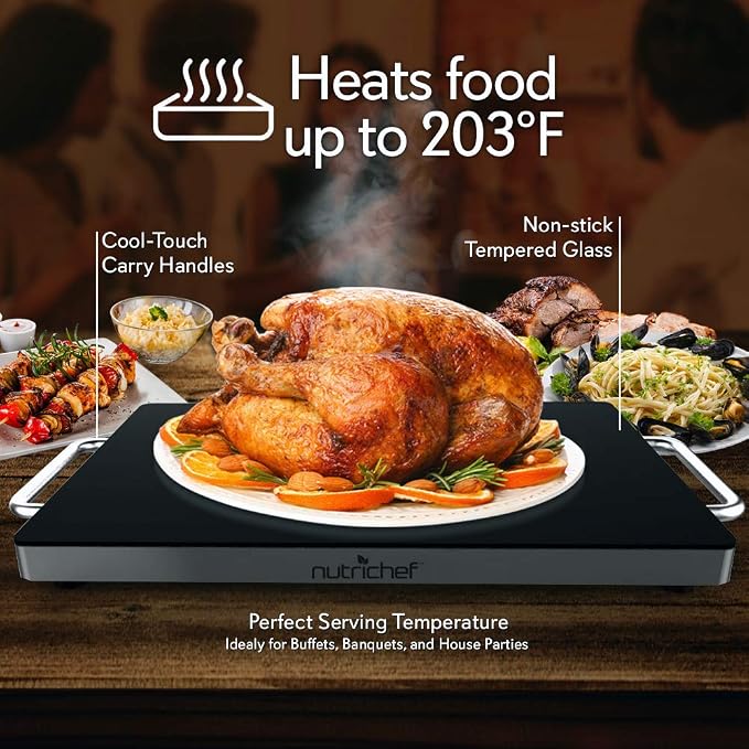 NutriChef Electric Hot Plate Tray Dish Warmer with Black Glass Top | Ideal for Home, Buffets, Parties, Kitchens & Restaurants | Warming Tray for Food | Tortilla Warmer - Dimensions: 16.5 x 11
