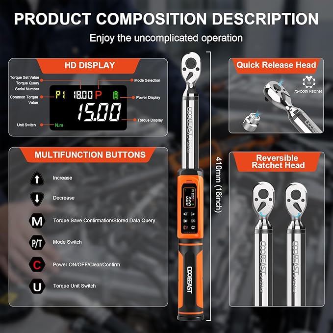 coobeast Digital Torque Wrench, 3/8 Drive Electronic Torque Wrench with Preset Value(1.5-99.5 Ft-lbs./2-135Nm), Buzzer and LED Flash Five Units of Measure for Bike Motorcycle Car