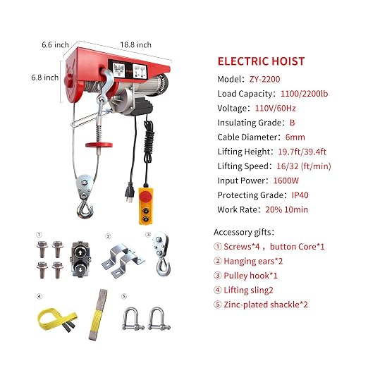 Electric Hoist, 2200 lbs 110V Electric Winch with 14 ft Wired Remote Control, 40 ft Single Cable Lifting Height, Single/Double Slings, Lift Hoist for Garage Warehouse Factory