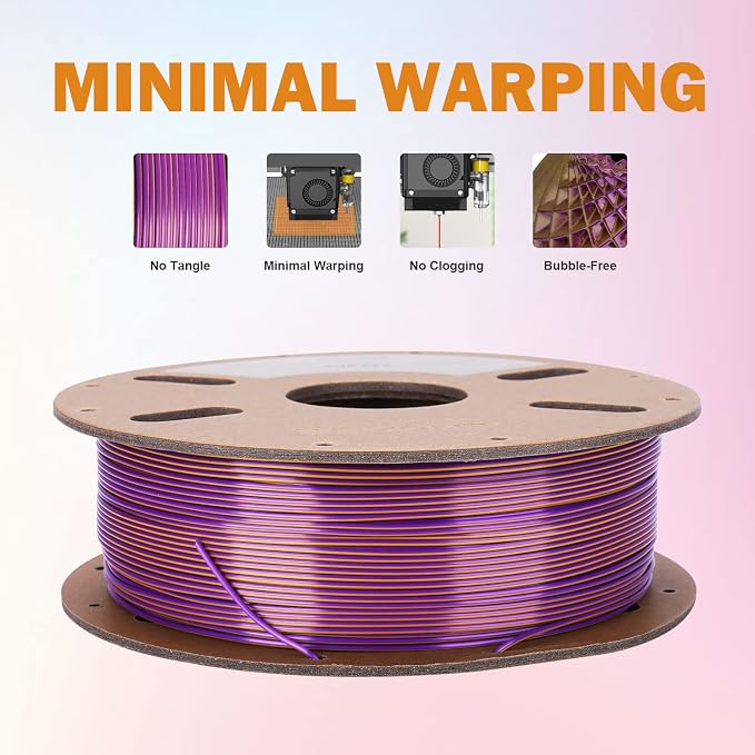 ERYONE Silk Dual Color PLA Filament 3D Printer 1.75mm +/- 0.03mm, Bicolor Filament Two Tone PLA 1KG(2.2lbs) Cardboard Spool, Gold Purple