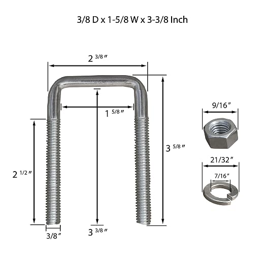 A.A Square U Bolt with Hardware for Boat Trailer, Galvanized Steel, 3/8" Diameter x 1-5/8" x 3-3/8"" for 1-1/2" Beam (8 Pack)