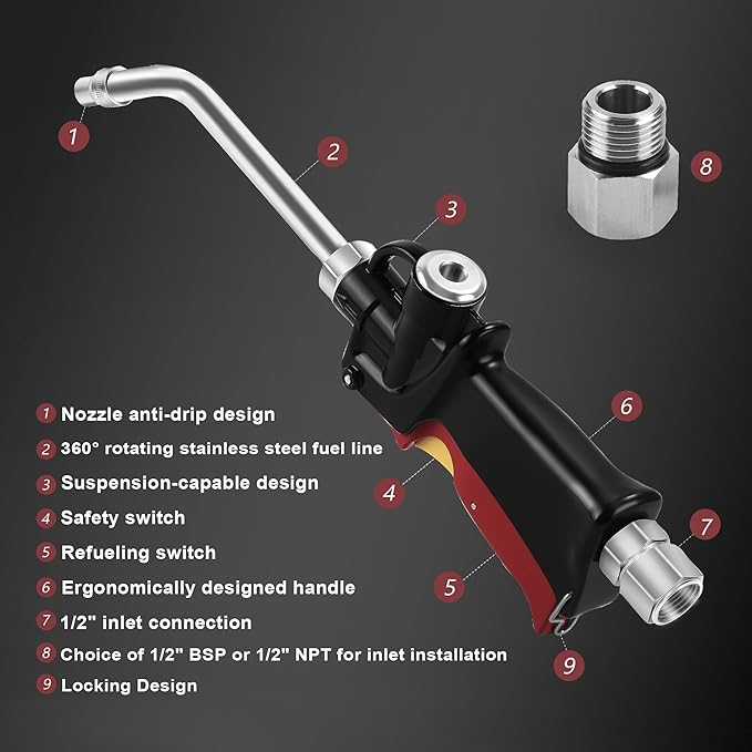 Air Operated Oil Control Valve Dispenser Nozzle, Heavy Duty Oil Gun Dispenser 1/2-Inch NPT Inlet for Motor, Gear, Hydraulic Fluids, Lubricants, and Antifreeze
