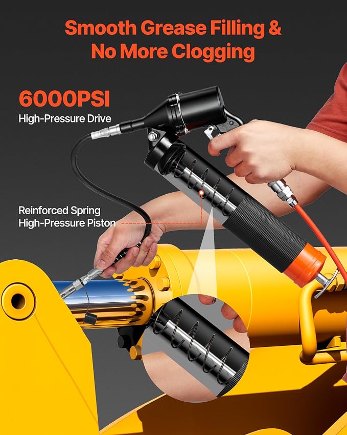 VEVOR Grease Gun, Continuous Cycle Heavy Duty 6000 PSI High Pressure, Pistol Grip Grease Gun Kit with 14 oz Capacity, Includes 18-Inch Flex Hose, 1 Extension Rigid Pipe, 2 Flat Nozzles for Automotive