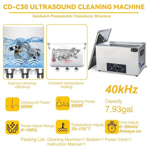 30L Ultrasonic Cleaner Professional Power-Adjustable Knob Jewelry Cleaning Machine with Heater Timer for Carburetor, Jewelry, Glasses, Dentures, Circuit Boards, Automotive Parts