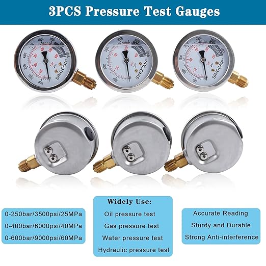 Hydraulic Pressure Test Kit with 3 Gauges 25/40/60 Mpa, 9 Couplings, 3 Test Hoses, Hydraulic Gauge Tester Set for Excavator Construction Machinery