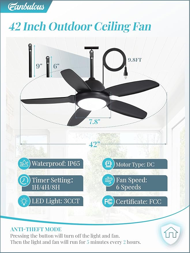 Fanbulous 42 Inch Waterproof Outdoor Ceiling Fan with Lights and Remote,IP65 Hanging Gazebo Fan with 3CCT 6-Speed DC Motor,Black Wet Rated Plug in Ceiling Fan with Cord for Patios Porch Pergola