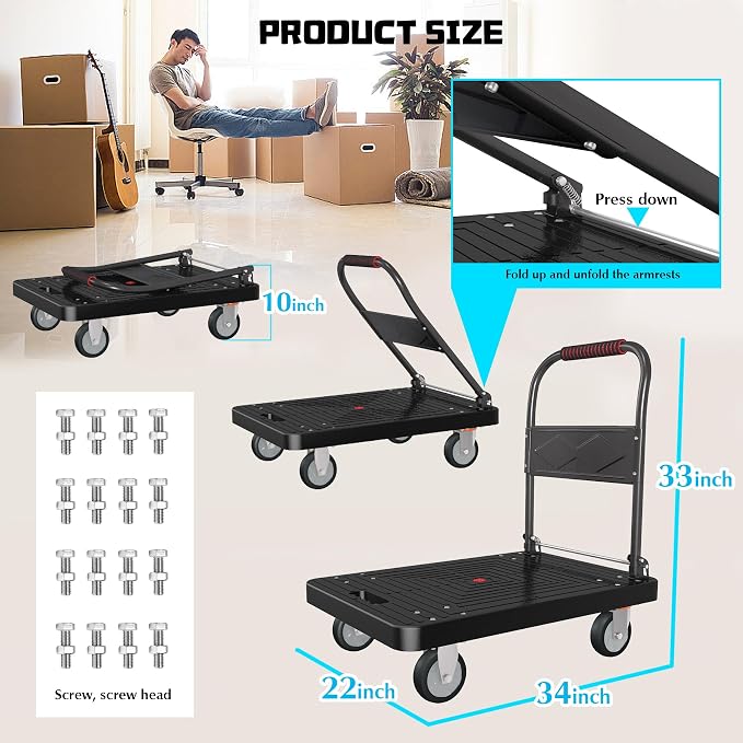 Platform Truck, Foldable Handcart with Swivel Wheel 34"x22" Heavy-Duty Push Dolly Cart,1000lbs Capacity, 6 Steel Load-Bearing Beams for Warehouse Garage Home Use