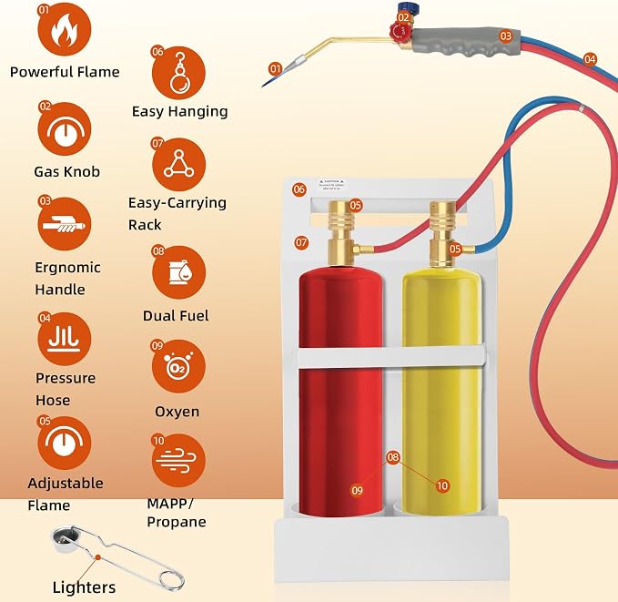 Update Oxygen MAPP Torch Kit, Dual gauge design, With portable cylinder metal stand and lighter, for Heating, Soldering, Glass Blowing, Oxypropane Welding Gas Cutting Torch Kit