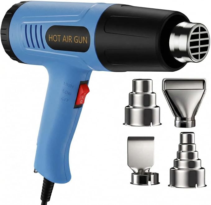 Heat Gun, 572-1112°F Dual Temperature, 2-Speed Switch, 110V with 4Pcs Nozzles, Built-in Overload Protection, 4.9FT Long Cord, for Heat Shrink Tubing, Electronics Repair and Packaging (Standard) (Blue)