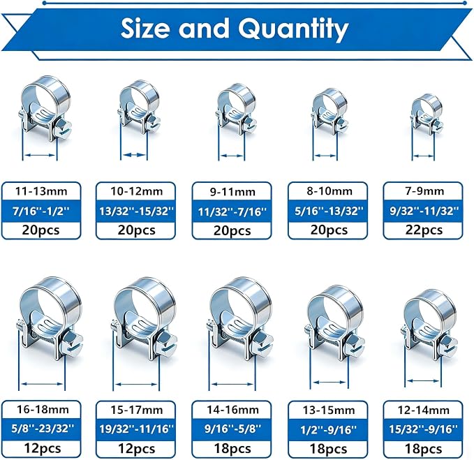 smseace 180Pcs Fuel Line Clamps 10-Sizes 7-18mm Fuel Injection Hose Clamps Pack in handheld Box Zinc Plated High Pressure Hose Clamps For Diesel/Petrol Pipe in Automotive,Marine,Truck