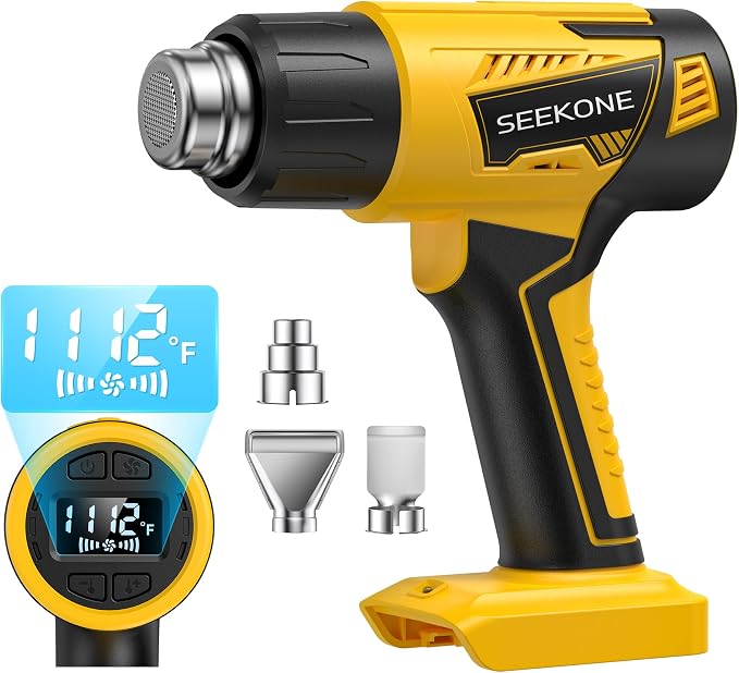 SEEKONE Cordless Heat Gun with LCD Variable Temperature Control 122℉-1112℉, Compatible with Dewalt 20V Battery, Hot Air Gun with Memory Function and 3 Nozzles for Crafting, Vinyl Wrap and 3D Printing