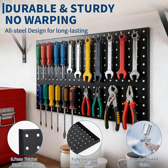 GarveeHome Heavy Duty Wall Mounted Metal Pegboard Panels – 2 PCS 24"x12" Black Steel Tool Storage Organizer for Garage, Workshop, Workbench, Craft Room – Versatile, Durable Layout – Easy Install – 2