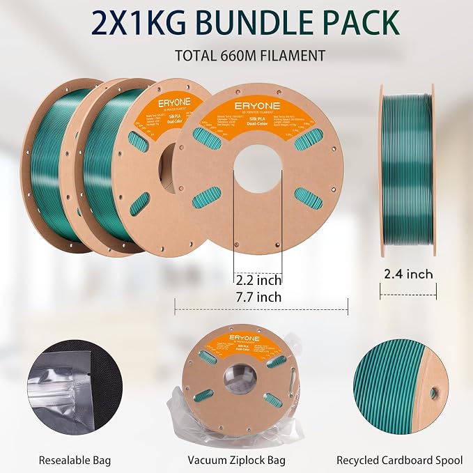 ERYONE Silk Dual Color PLA Filament 3D Printer 1.75mm +/- 0.03mm, Bicolor Filament Two Tone PLA Bundle 2KG Cardboard Spool, Black Green