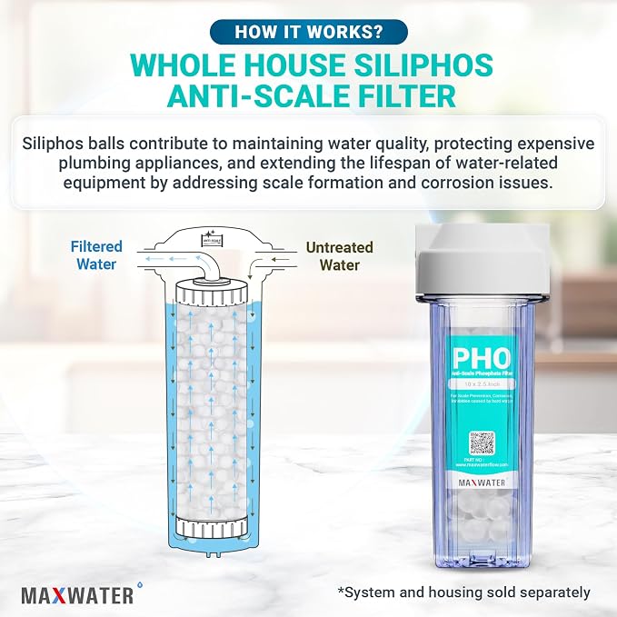 Max Water 10" x 2.5" Anti-Scale Water Filter Cartridge, Siliphos Polyphosphate (PHO) Replacement Filter, Fits Standard 10" Whole House Water Filtration System, Reduces Scale, Corrosion & Iron Staining