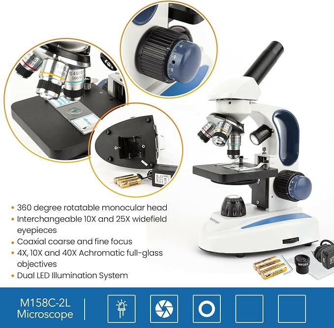 AmScope M158C-2L-E1 Digital Cordless Compound Monocular Microscope, WF10x and WF25x Eyepieces, 40x-1000x Magnification, Upper and Lower LED Illumination with Rheostat, Brightfield, Single-Lens Condenser, Coaxial Coarse and Fine Focus, Plain Stage, 110V...