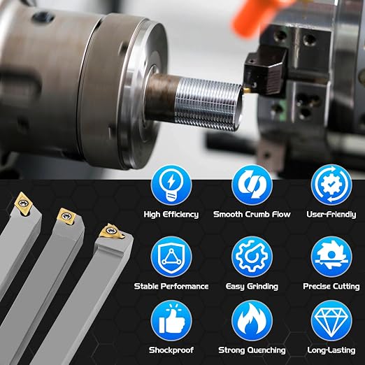 Indexable Lathe Turning Tool 21Pcs Kit 3/8'' 10mm Shank 7Pcs Metal Lathe Tools Holder Set & 14Pcs Turning Inserts for Turning Grooving Threading Boring, Lathe Tooling Ideal as Gift with Aluminum Box