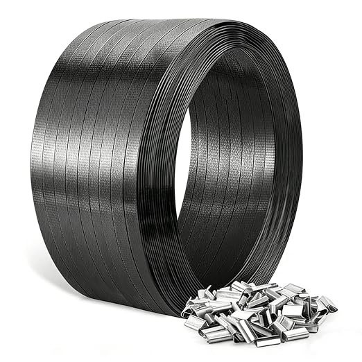 Heavy Duty PET Banding Strapping Kit, 1700ft x 5/8″ 925lbs Break Strength Industrial-Grade Black Polyester Plastic Packaging Strapping Roll with 200 Metal Seals for Pallets, Logistics, Warehouse