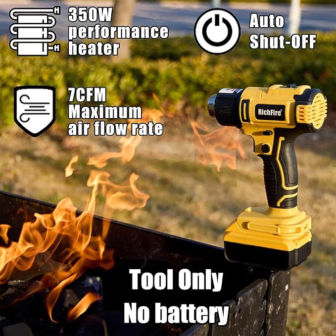 Cordless Heat Gun,350W 572℉-1022℉(300℃-550℃) Fast Heating,Hot Air Gun for DEWALT 20v Battery,5 Nozzles for Tube Bending, Shrinking PVC, Stripping Paint(Tool Only No Battery)