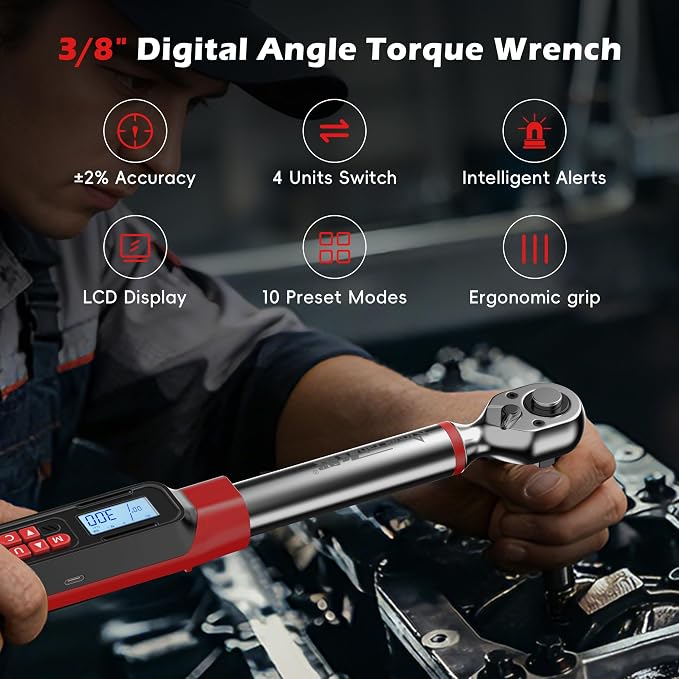 3/8" Drive Digital Angle Torque Wrench 2-44 Ft.lb (3-60 N.m), Angle Measurement 0.1° with LED Display & Buzzer, for DIY Auto Car Motorcycle Repair & Engineering