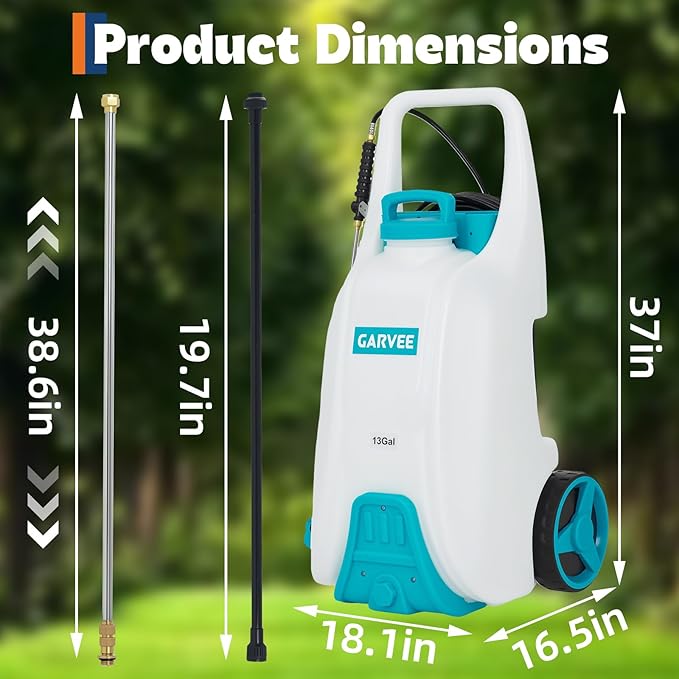 Garvee 13 Gallons Battery Powered Sprayer with Wheeled Cart, 18V 4Ah Electric Sprayer with 6 Nozzles & 2 Wands, 4-6 Hour Runtime, 80PSI Adjustable Pressure, Trigger Lock, Yard Sprayers for Lawn