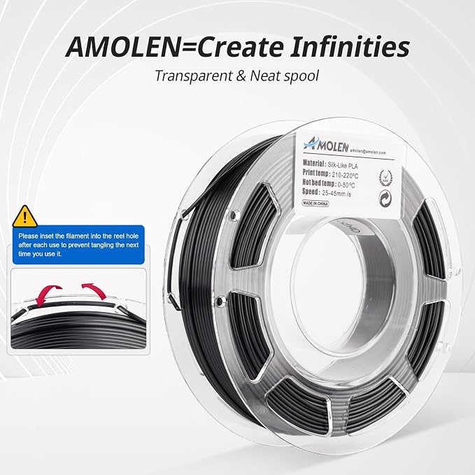 AMOLEN Silk 3D Printer Filament Bundle, PLA Filament 1.75mm Pack, Shiny 3D Printing Filament for Most FDM 3D Printer, Black, Purple, Silver Grey, Sapphire Blue, 200g X 4