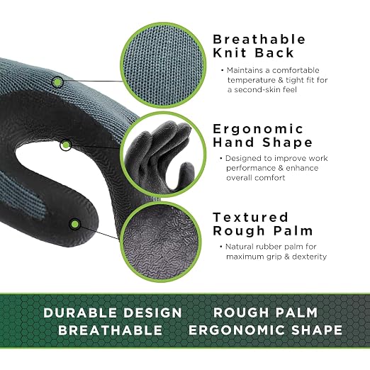 SHOWA Atlas 300B Original 1994 Crinkle Grip Work Gloves, Natural Latex Palm, Heavy Duty 10-Gauge for Construction, Landscaping, Gardening, & Masonry, Black, Small, Vending Pack, 12-Pair