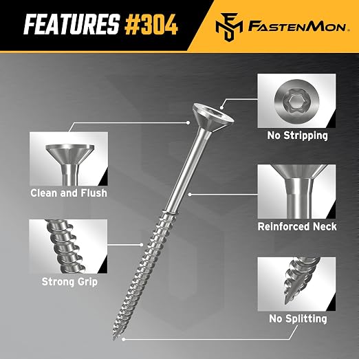 304 Stainless Steel Deck Screws, #10 x 2-1/2", 100 PCS | Torx Flat Head Type 17 Point with T25 Bit, Ideal for Outdoor Wood Projects, Fences, Benches, Picnic Tables, Decks, Bulk Box