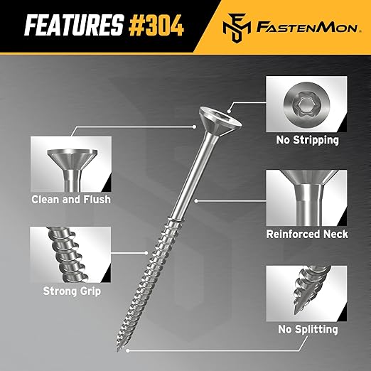 304 Stainless Steel Deck Screws, #10 x 3-1/2", 300 PCS | Torx Flat Head Type 17 Point with T25 Bit, Ideal for Outdoor Wood Projects, Fences, Benches, Picnic Tables, Decks, Bulk Box