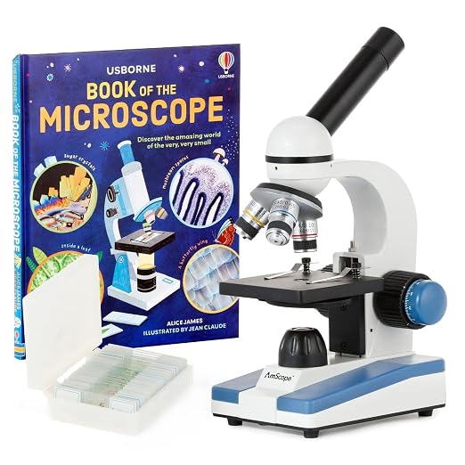 AmScope M150C-PS25-WM Compound Monocular Microscope, WF10x and WF25x Eyepieces, 40x-1000x Magnification, LED Illumination, Brightfield, Single-Lens Condenser, Coaxial Coarse and Fine Focus, Plain Stage, 110V, Includes Set of 25 Prepared Slides and Book